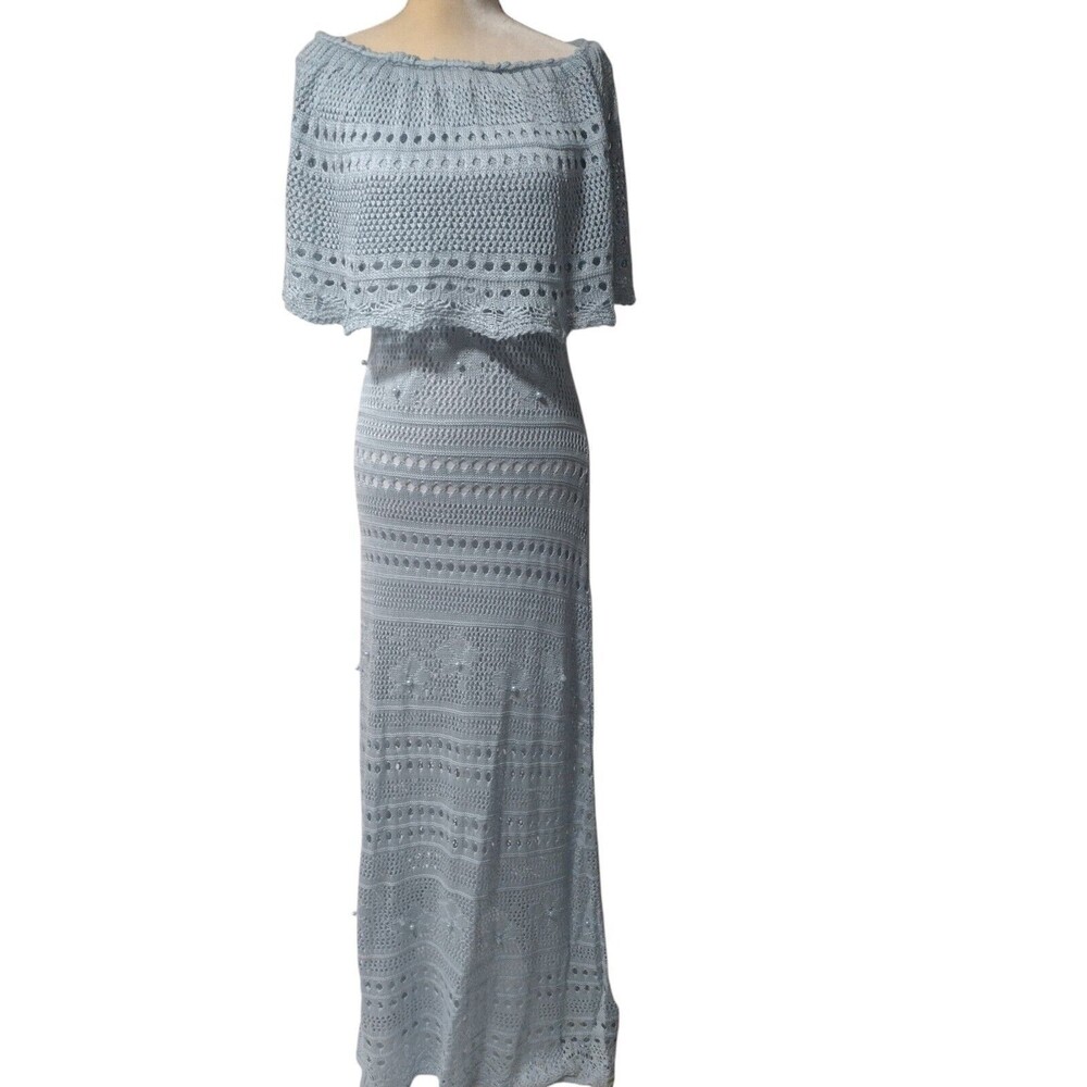 Vintage Handmade Crochet Maxi Dress Boho Style Shoulder Off  Blue